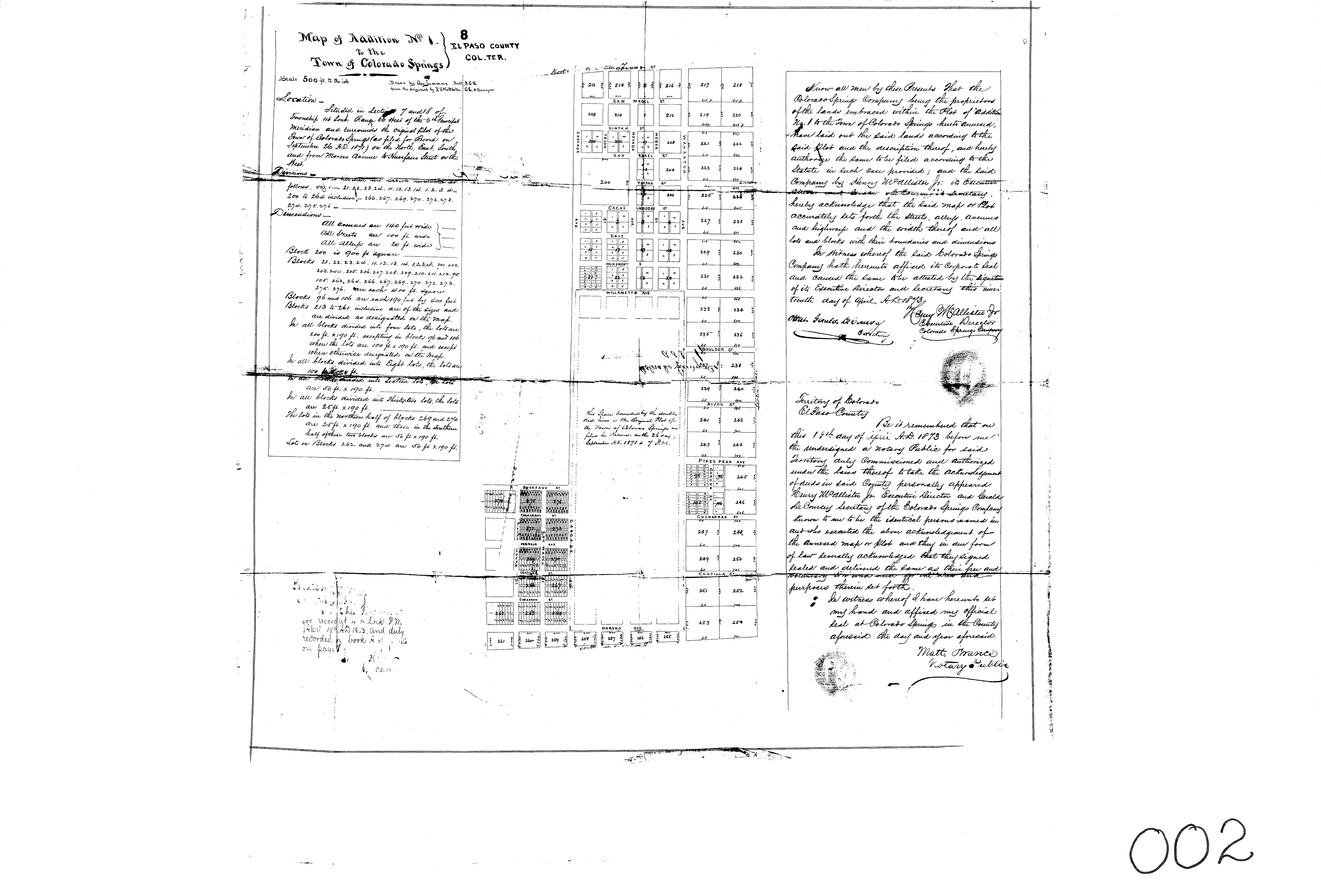 Addition No. 1 plat, April 1873; reviewed certifications and labels retain bracketed damage.