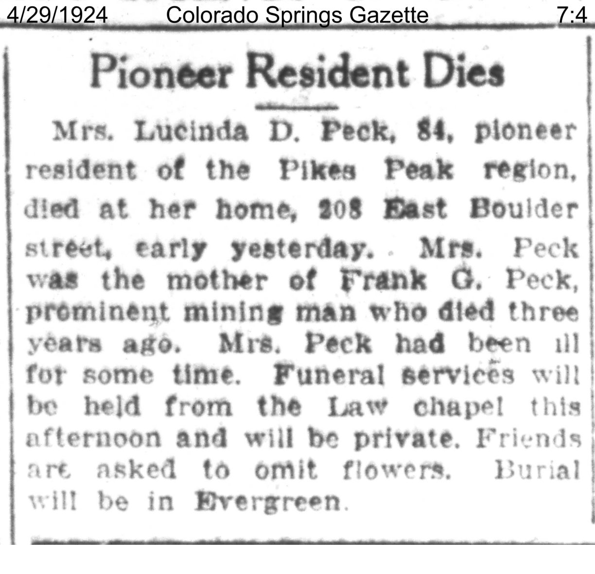 Gazette, April 29, 1924, page 7, column 4; complete preserved clipping.