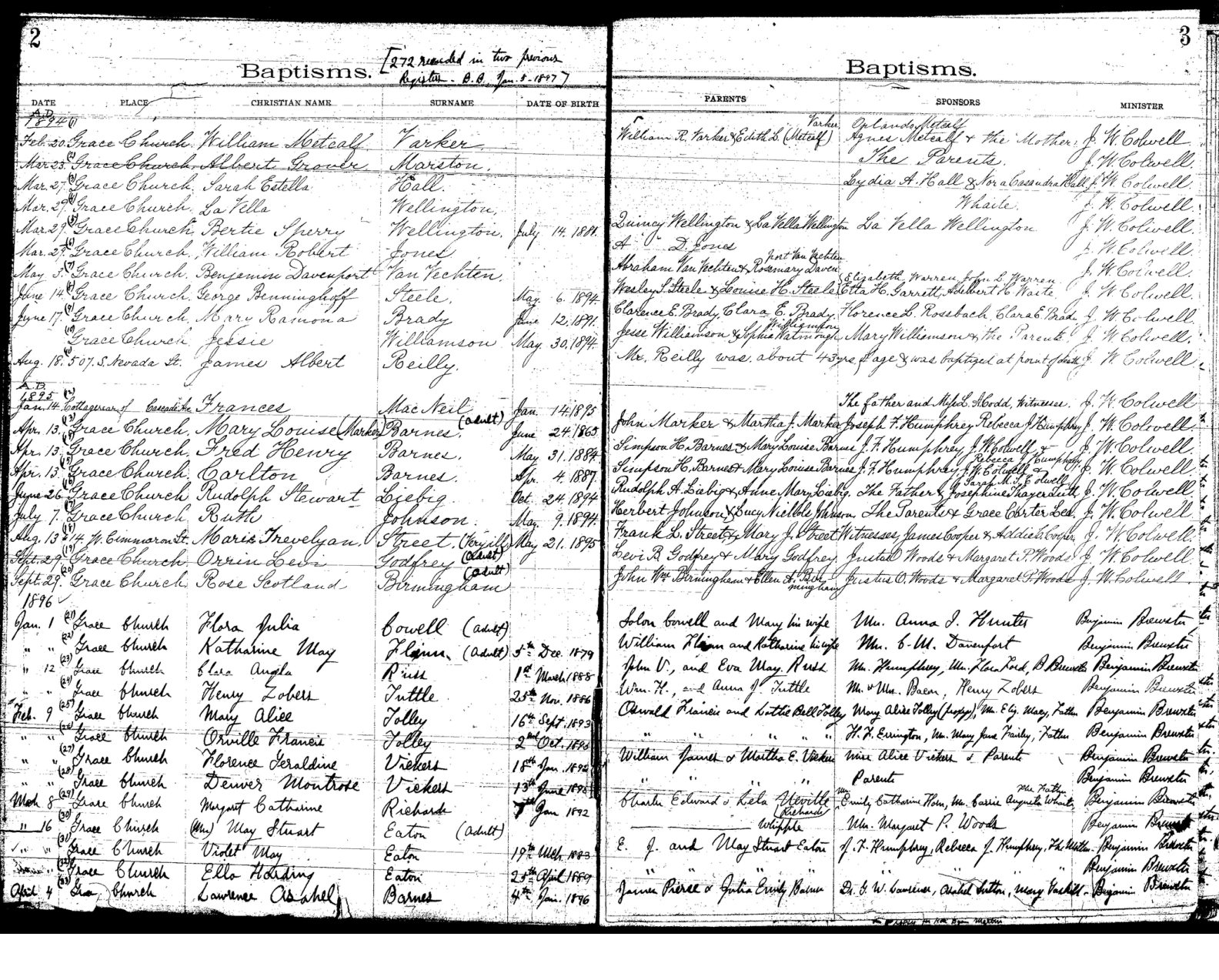 1896 baptism register, Book 3, page 2; names and birth dates appear together.