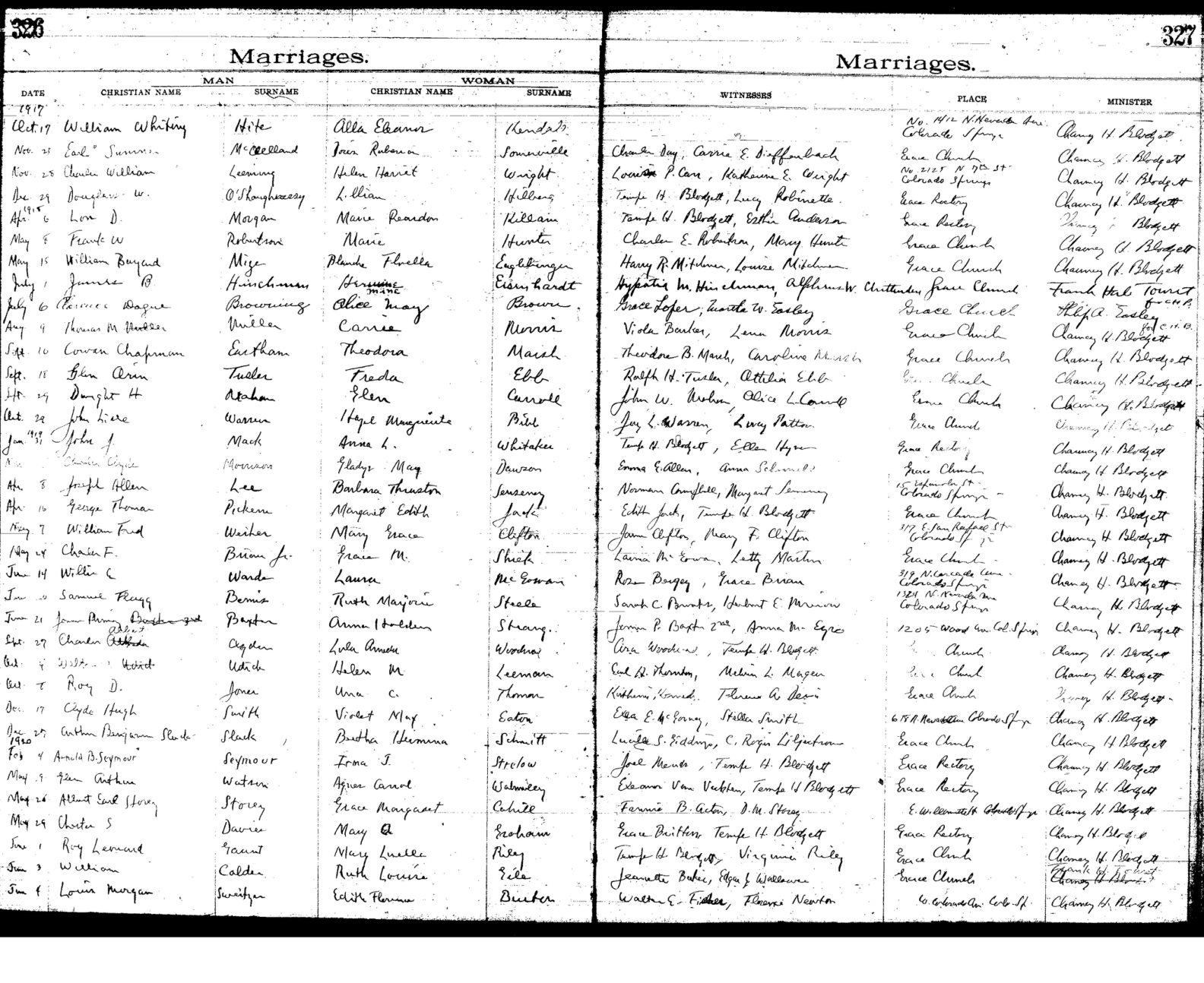 December 1919 marriage register, Book 3, page 326: the house is named as the ceremony location.