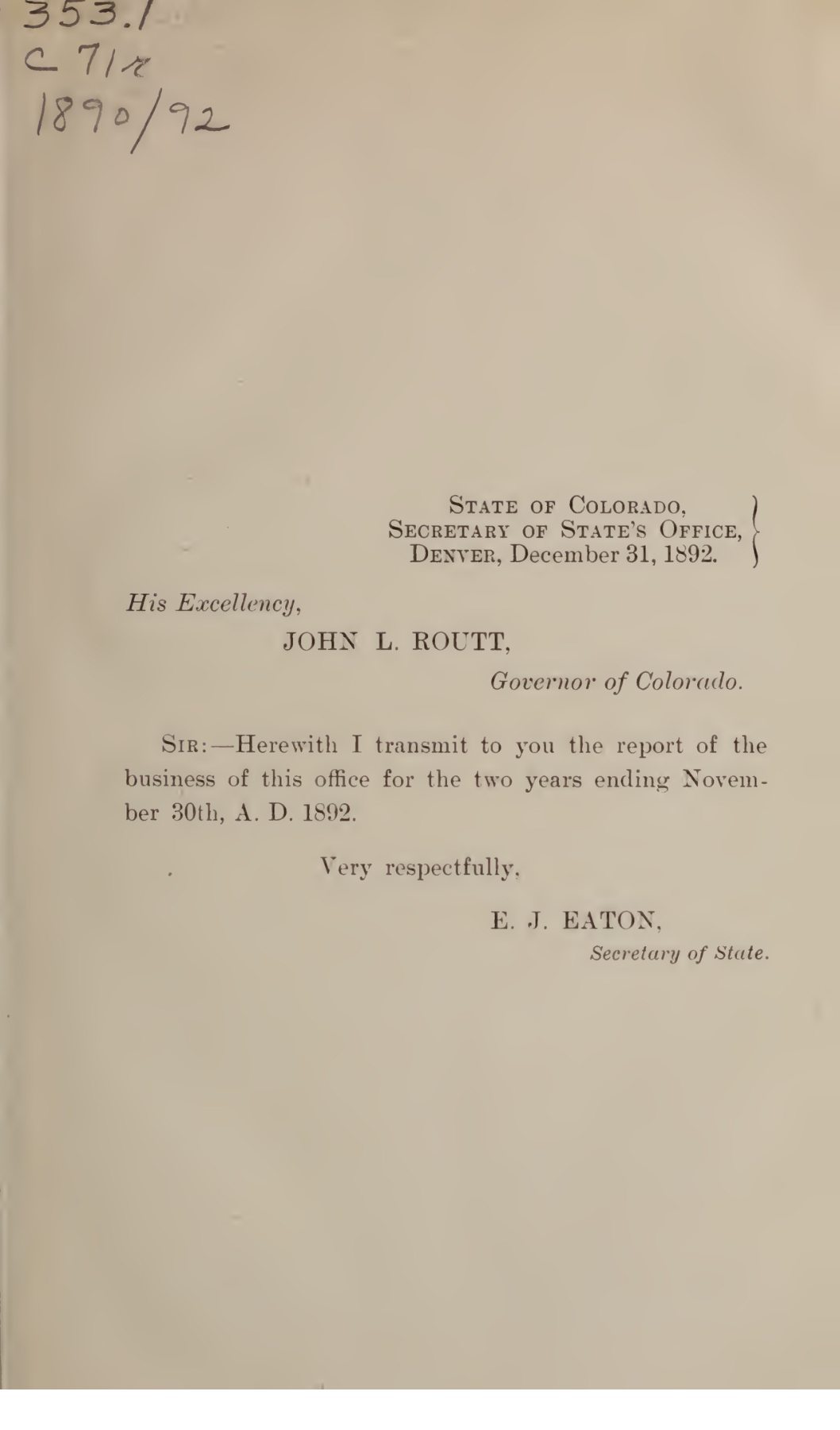 Printed transmittal dated December 31, 1892, in the report published in 1893.