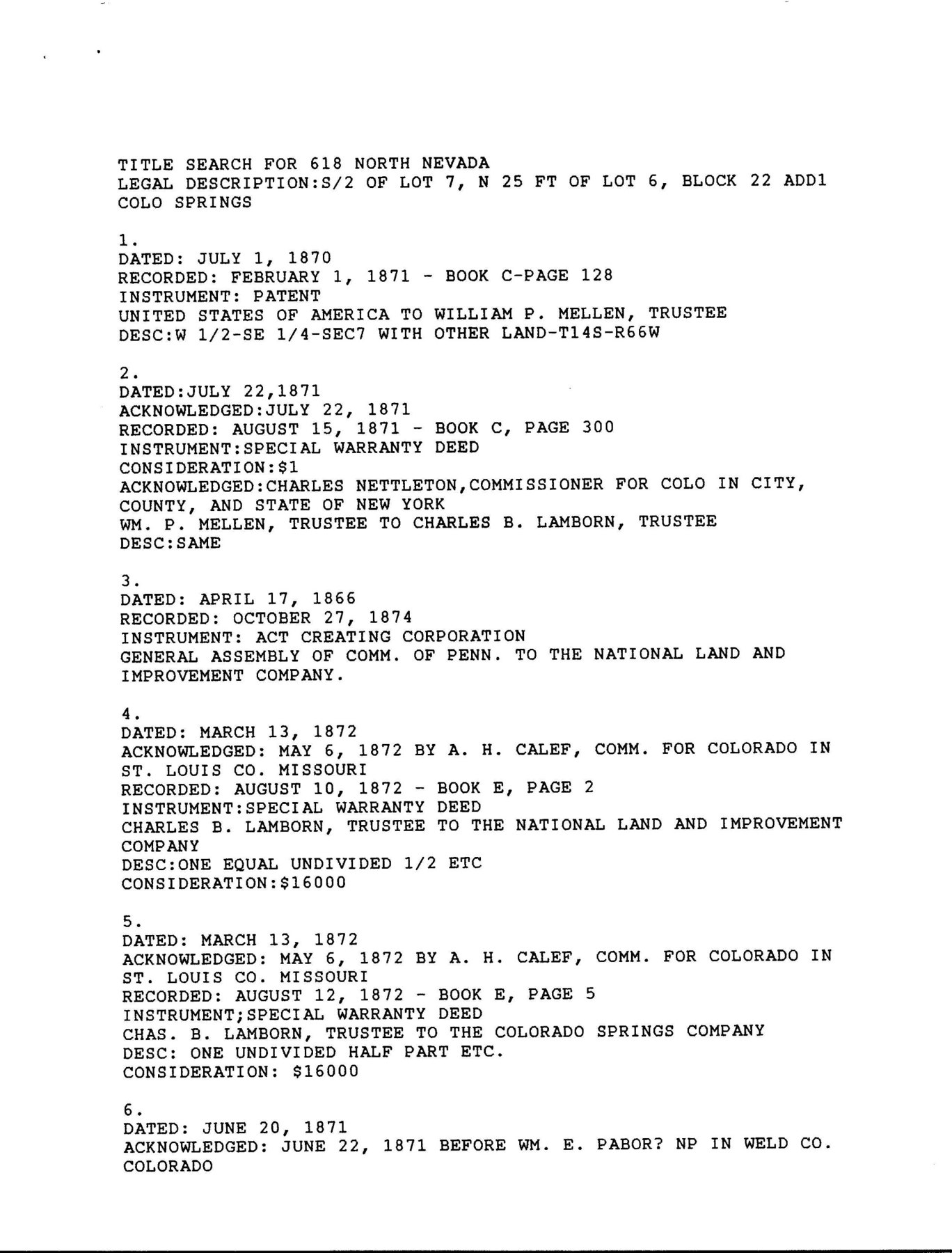 Later title-search transcription of nineteenth-century land records; original event dates are in the text.