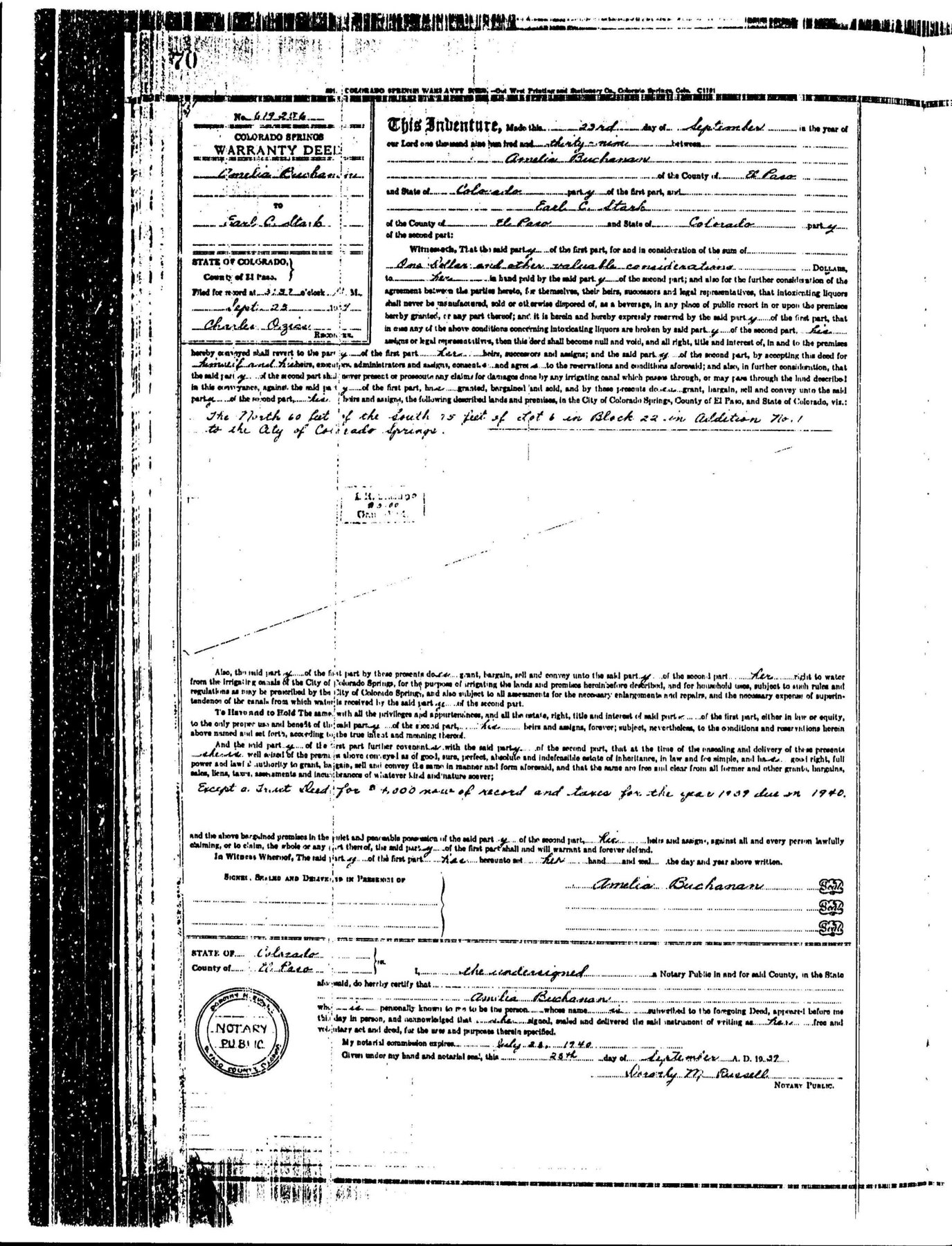 September 1939 Buchanan–Earl Stark deed, expressly neighboring 614; separate from 618’s title.