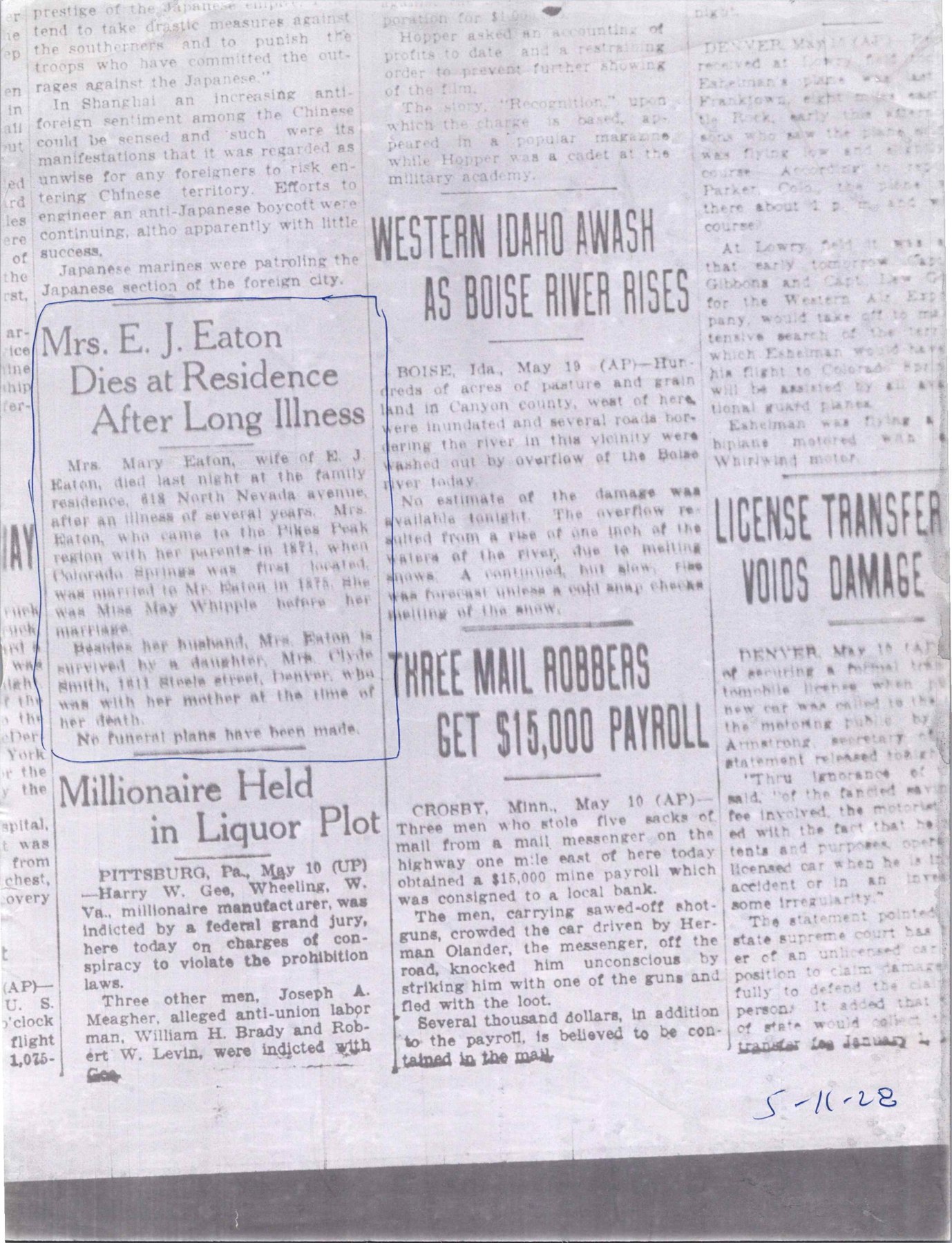 Supplied May/Mary Eaton obituary reproduction with later handwritten dating.