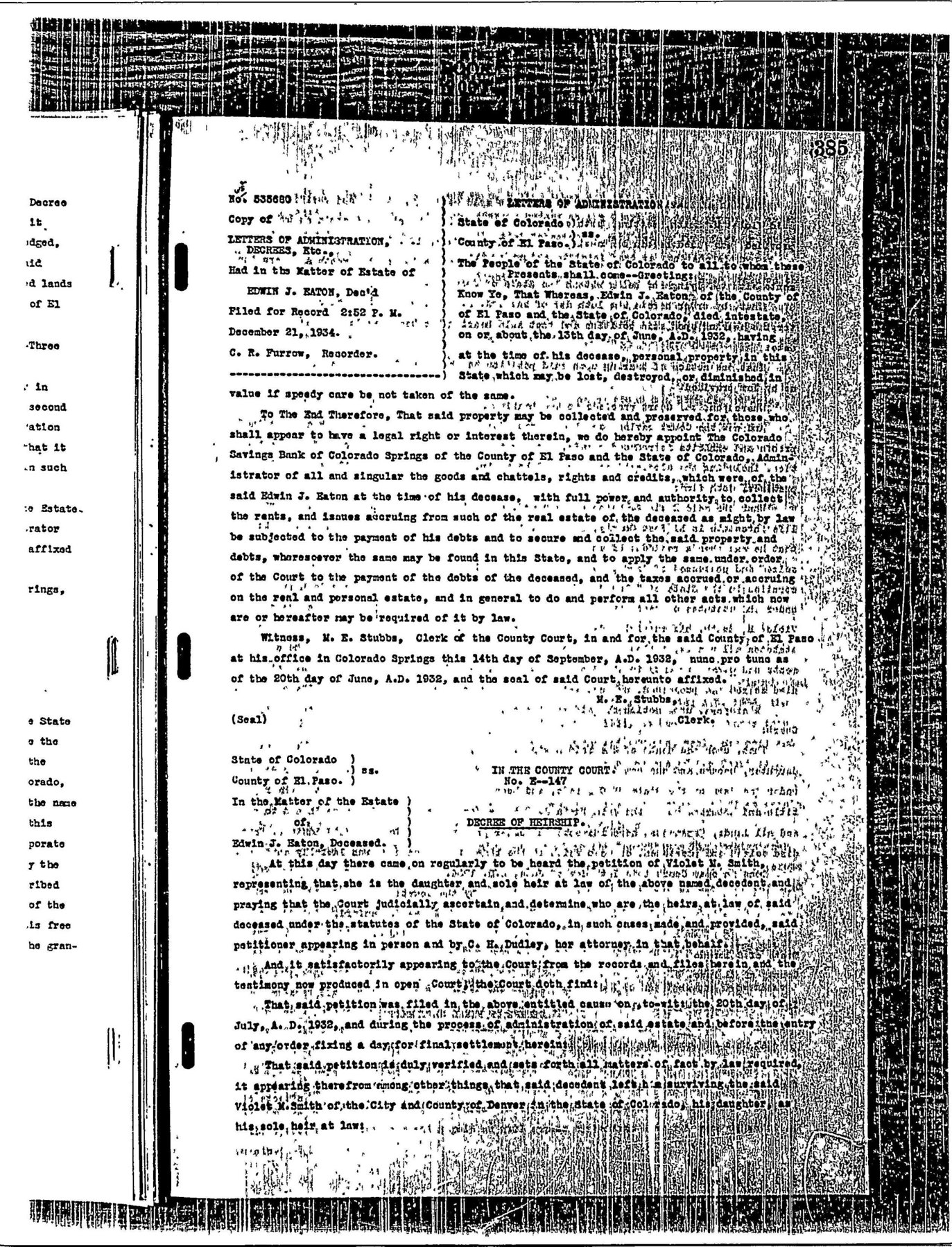Supplied probate and heirship record, recorded 1934; part of a six-page packet.