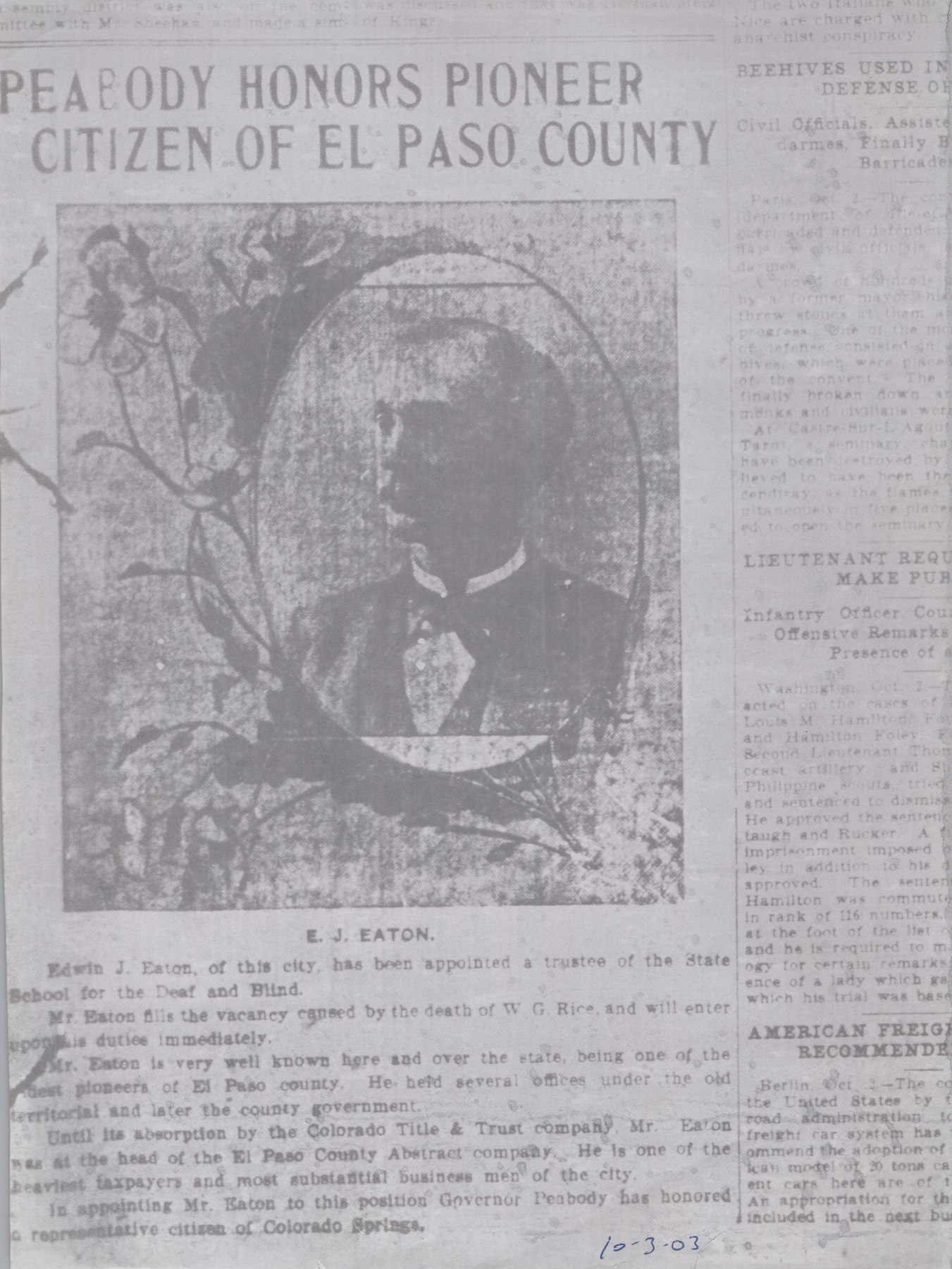 Appointment clipping with handwritten 10-3-03 annotation; the annotation is not an independently verified issue date.
