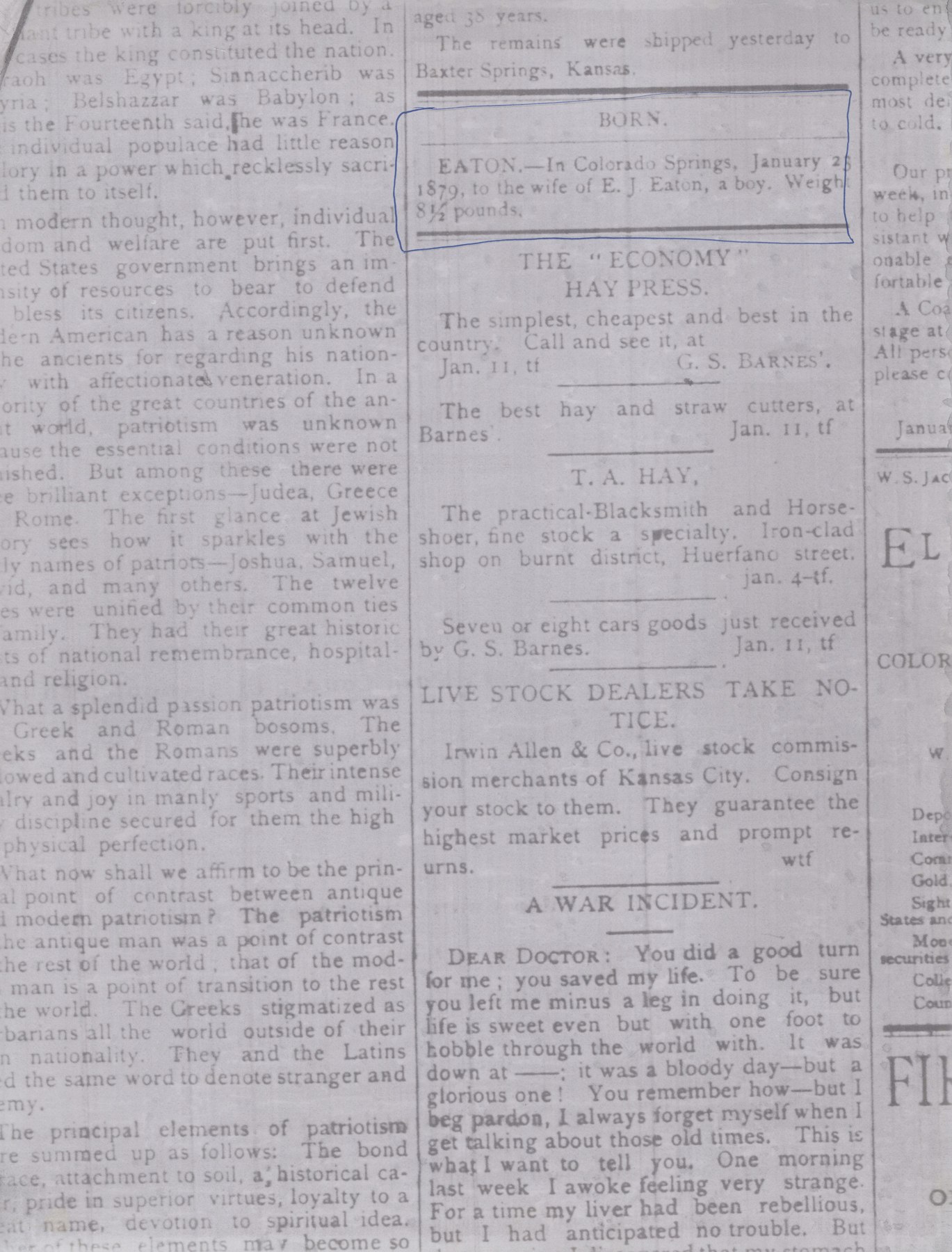 Birth notice naming an unnamed Eaton son; handwritten or contextual dates remain qualified.