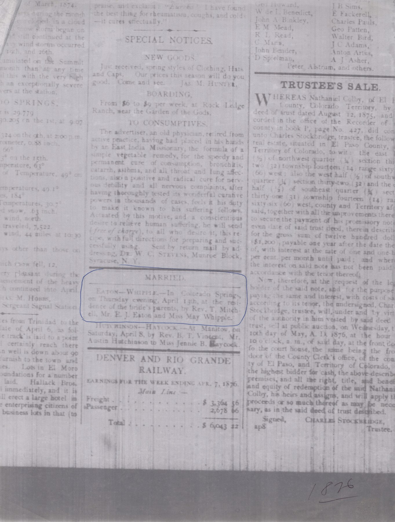 Contemporary wedding notice; its year is supplied by surrounding 1876 newspaper material.